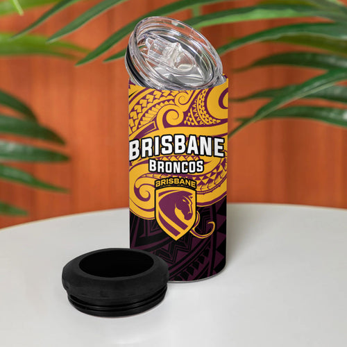 Custom Brisbane Broncos 4 in 1 Can Cooler Tumbler Horse Warrior Polynesia Islander Rugby Mascot