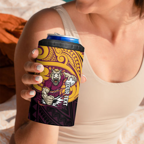 Custom Brisbane Broncos 4 in 1 Can Cooler Tumbler Horse Warrior Polynesia Islander Rugby Mascot