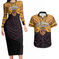 Custom Brisbane Broncos Couples Matching Long Sleeve Bodycon Dress and Hawaiian Shirt Horse Warrior Polynesia Islander Rugby Mascot
