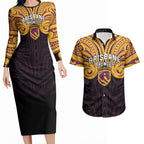 Custom Brisbane Broncos Couples Matching Long Sleeve Bodycon Dress and Hawaiian Shirt Horse Warrior Polynesia Islander Rugby Mascot