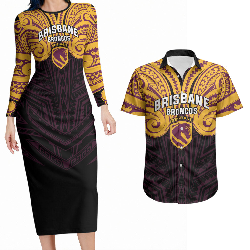 Custom Brisbane Broncos Couples Matching Long Sleeve Bodycon Dress and Hawaiian Shirt Horse Warrior Polynesia Islander Rugby Mascot