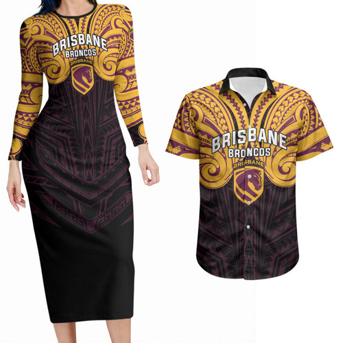 Custom Brisbane Broncos Couples Matching Long Sleeve Bodycon Dress and Hawaiian Shirt Horse Warrior Polynesia Islander Rugby Mascot