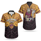 Custom Brisbane Broncos Couples Matching Long Sleeve Bodycon Dress and Hawaiian Shirt Horse Warrior Polynesia Islander Rugby Mascot