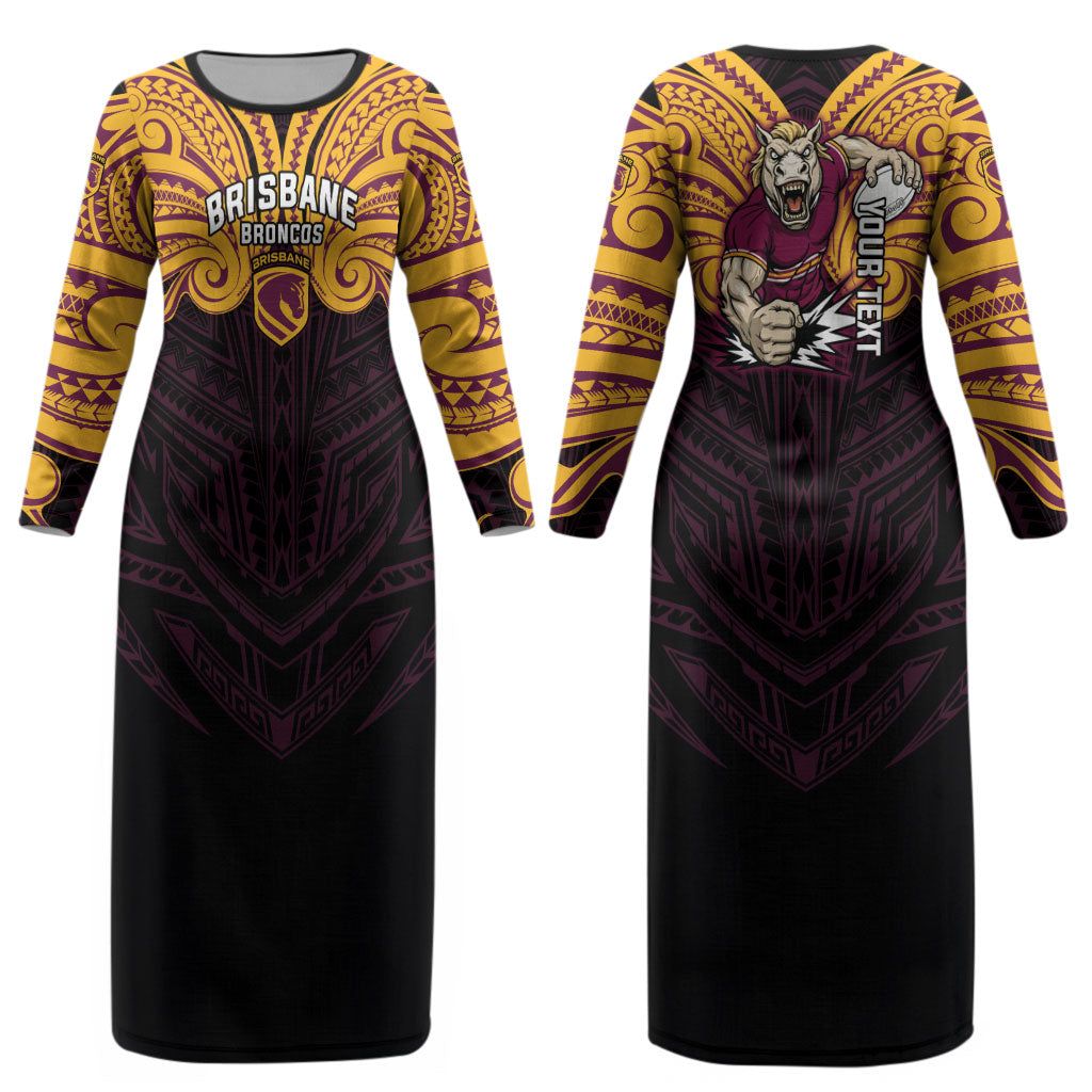 Custom Brisbane Broncos Couples Matching Long Sleeve Bodycon Dress and Hawaiian Shirt Horse Warrior Polynesia Islander Rugby Mascot