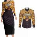 Custom Brisbane Broncos Couples Matching Long Sleeve Bodycon Dress and Long Sleeve Button Shirt Horse Warrior Polynesia Islander Rugby Mascot