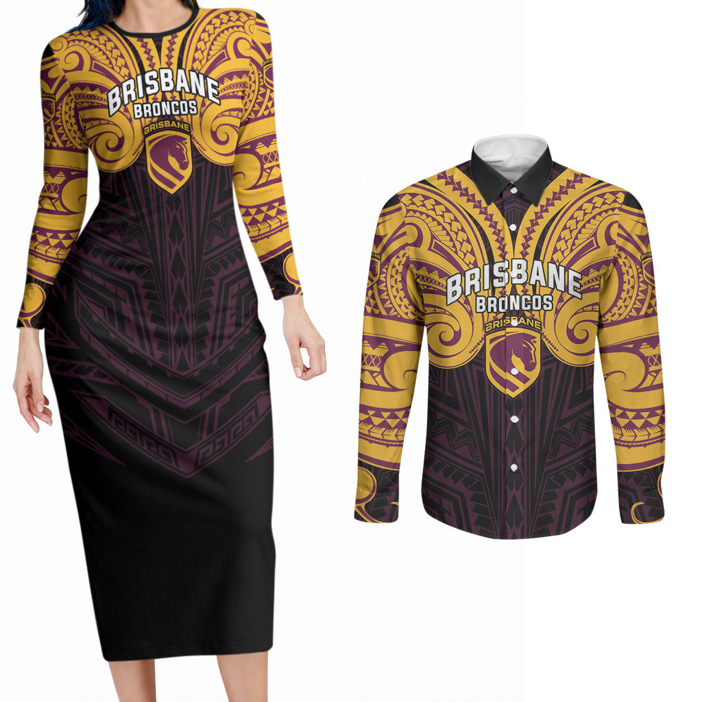 Custom Brisbane Broncos Couples Matching Long Sleeve Bodycon Dress and Long Sleeve Button Shirt Horse Warrior Polynesia Islander Rugby Mascot