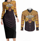 Custom Brisbane Broncos Couples Matching Long Sleeve Bodycon Dress and Long Sleeve Button Shirt Horse Warrior Polynesia Islander Rugby Mascot