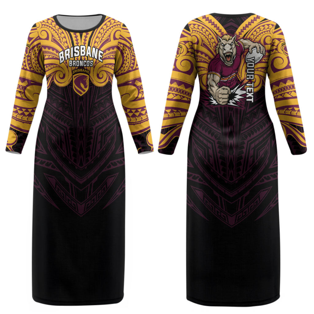 Custom Brisbane Broncos Couples Matching Long Sleeve Bodycon Dress and Long Sleeve Button Shirt Horse Warrior Polynesia Islander Rugby Mascot