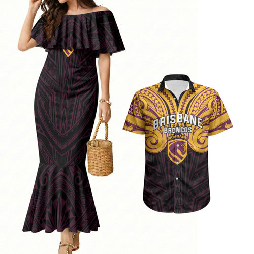Custom Brisbane Broncos Couples Matching Mermaid Dress and Hawaiian Shirt Horse Warrior Polynesia Islander Rugby Mascot