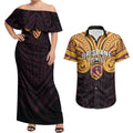 Custom Brisbane Broncos Couples Matching Off Shoulder Maxi Dress and Hawaiian Shirt Horse Warrior Polynesia Islander Rugby Mascot
