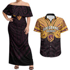 Custom Brisbane Broncos Couples Matching Off Shoulder Maxi Dress and Hawaiian Shirt Horse Warrior Polynesia Islander Rugby Mascot