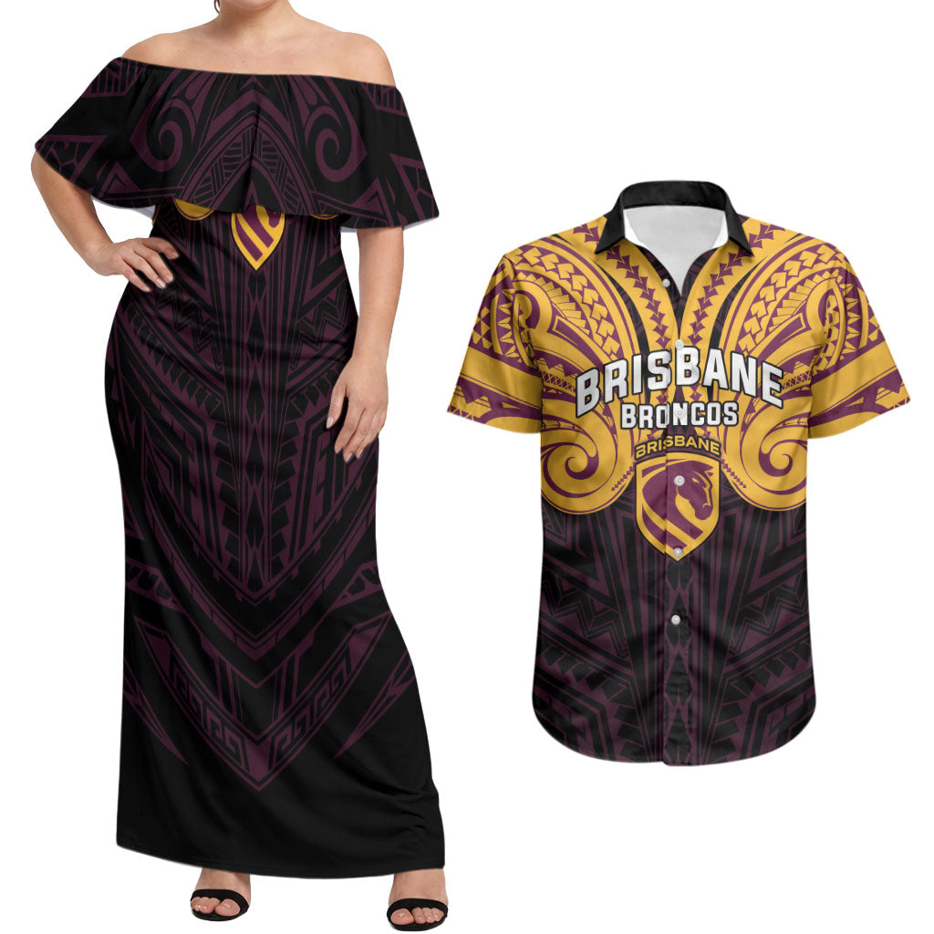 Custom Brisbane Broncos Couples Matching Off Shoulder Maxi Dress and Hawaiian Shirt Horse Warrior Polynesia Islander Rugby Mascot