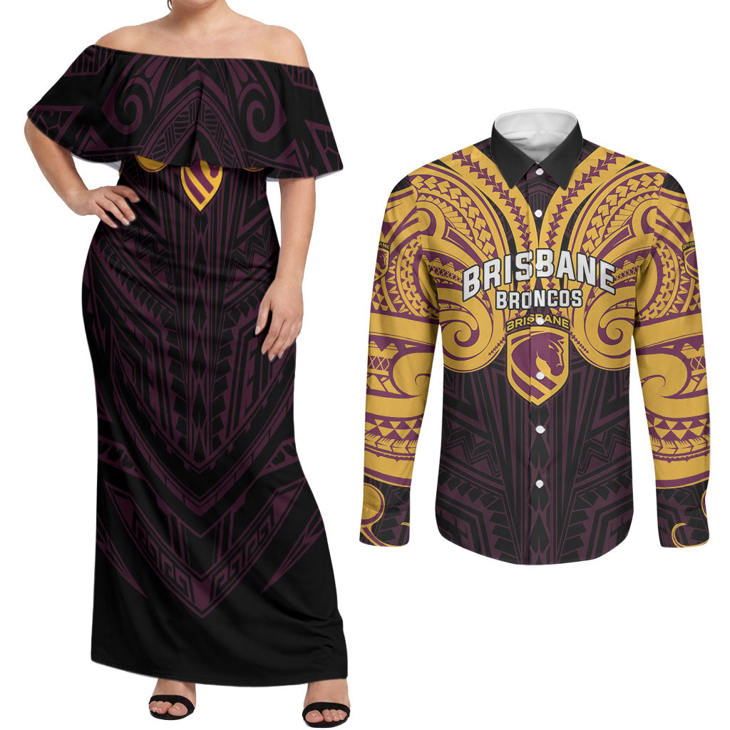 Custom Brisbane Broncos Couples Matching Off Shoulder Maxi Dress and Long Sleeve Button Shirt Horse Warrior Polynesia Islander Rugby Mascot