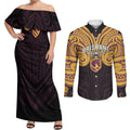Custom Brisbane Broncos Couples Matching Off Shoulder Maxi Dress and Long Sleeve Button Shirt Horse Warrior Polynesia Islander Rugby Mascot