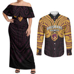 Custom Brisbane Broncos Couples Matching Off Shoulder Maxi Dress and Long Sleeve Button Shirt Horse Warrior Polynesia Islander Rugby Mascot
