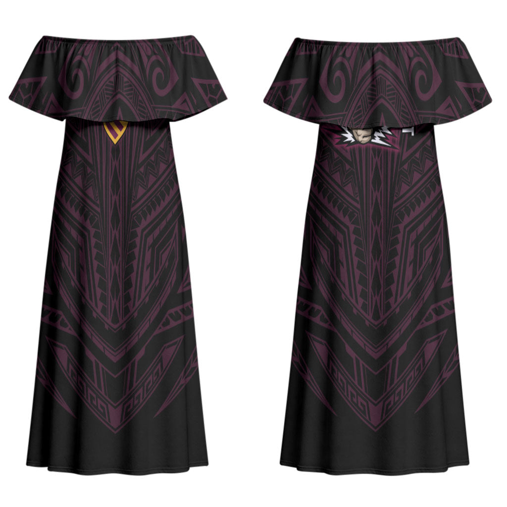 Custom Brisbane Broncos Couples Matching Off Shoulder Maxi Dress and Long Sleeve Button Shirt Horse Warrior Polynesia Islander Rugby Mascot