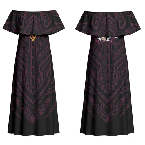 Custom Brisbane Broncos Couples Matching Off Shoulder Maxi Dress and Long Sleeve Button Shirt Horse Warrior Polynesia Islander Rugby Mascot