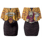 Custom Brisbane Broncos Couples Matching Off Shoulder Short Dress and Hawaiian Shirt Horse Warrior Polynesia Islander Rugby Mascot
