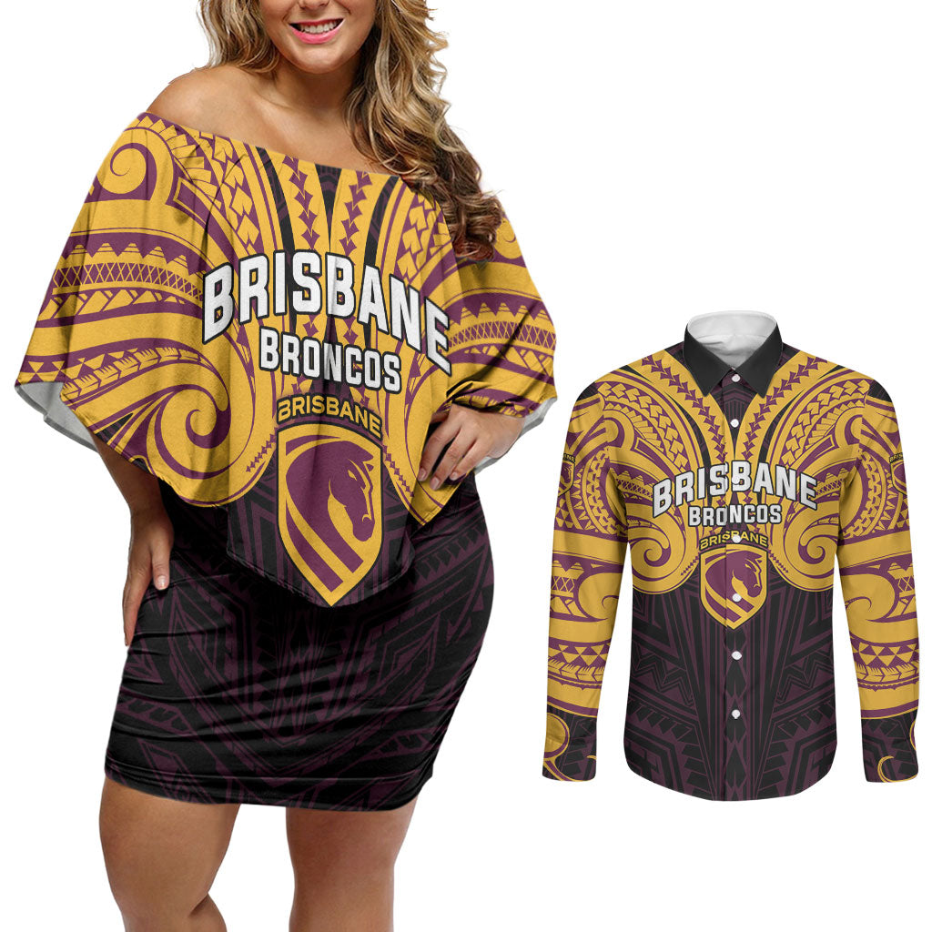 Custom Brisbane Broncos Couples Matching Off Shoulder Short Dress and Long Sleeve Button Shirt Horse Warrior Polynesia Islander Rugby Mascot