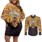 Custom Brisbane Broncos Couples Matching Off Shoulder Short Dress and Long Sleeve Button Shirt Horse Warrior Polynesia Islander Rugby Mascot