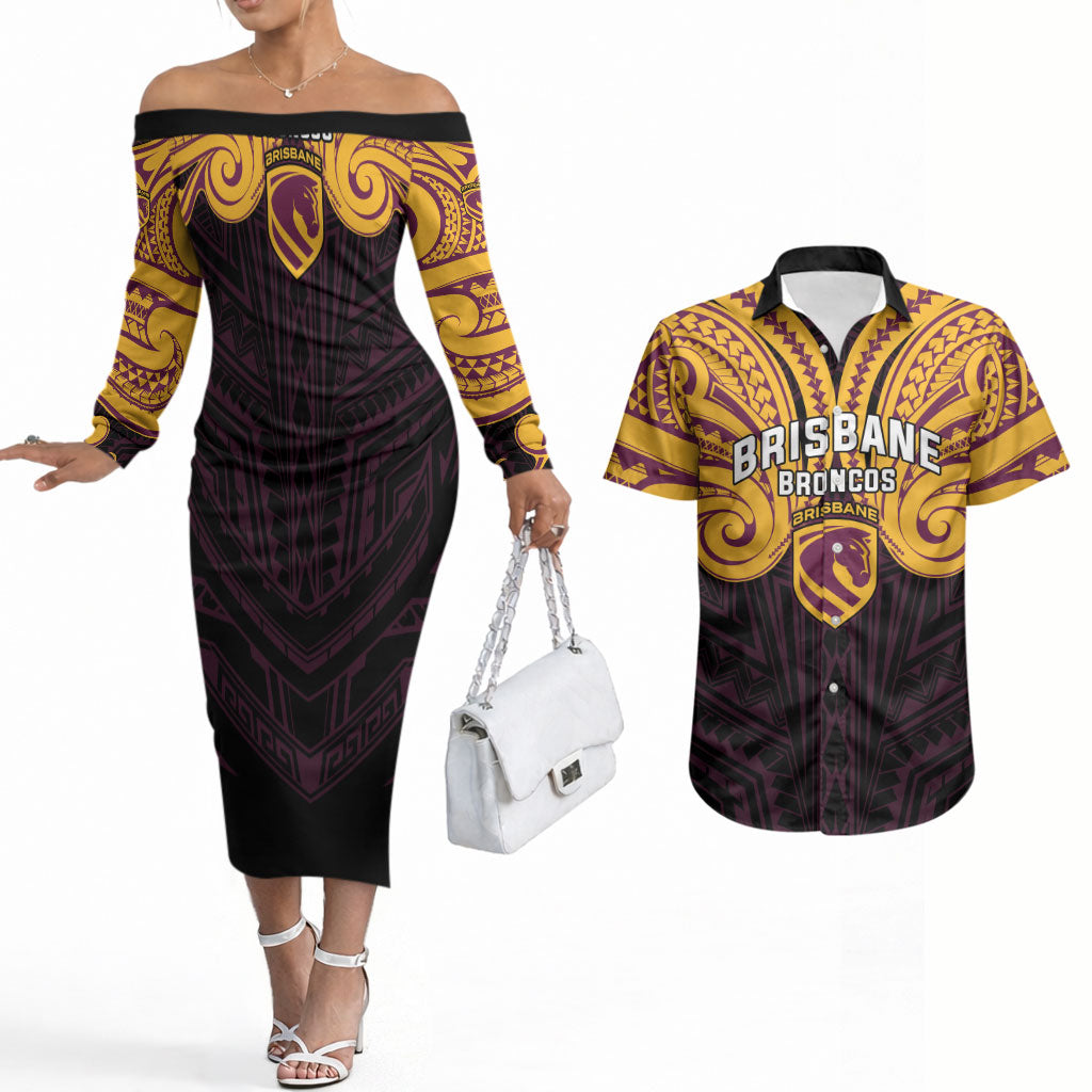 Custom Brisbane Broncos Couples Matching Off The Shoulder Long Sleeve Dress and Hawaiian Shirt Horse Warrior Polynesia Islander Rugby Mascot