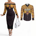 Custom Brisbane Broncos Couples Matching Off The Shoulder Long Sleeve Dress and Long Sleeve Button Shirt Horse Warrior Polynesia Islander Rugby Mascot