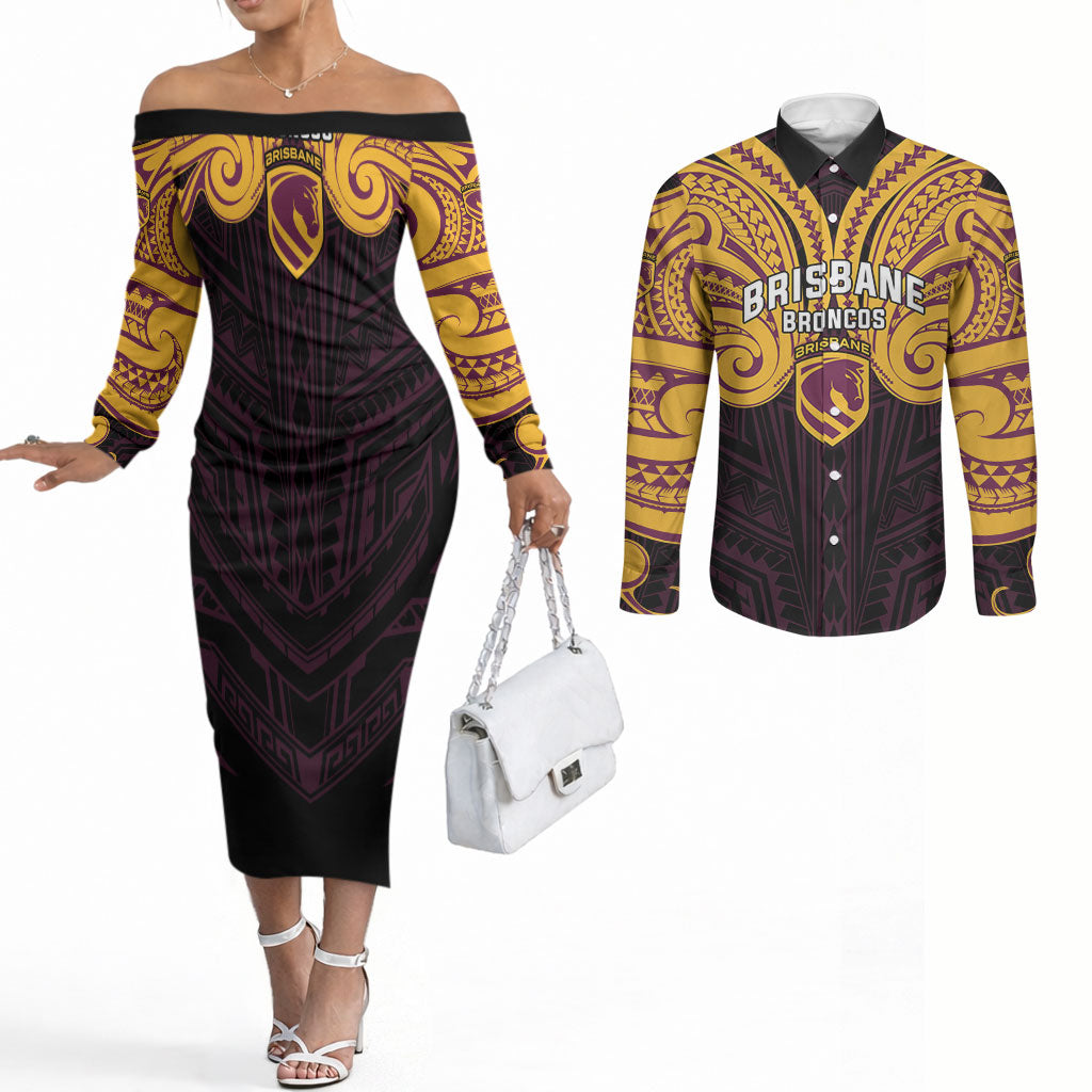 Custom Brisbane Broncos Couples Matching Off The Shoulder Long Sleeve Dress and Long Sleeve Button Shirt Horse Warrior Polynesia Islander Rugby Mascot
