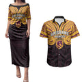Custom Brisbane Broncos Couples Matching Puletasi and Hawaiian Shirt Horse Warrior Polynesia Islander Rugby Mascot