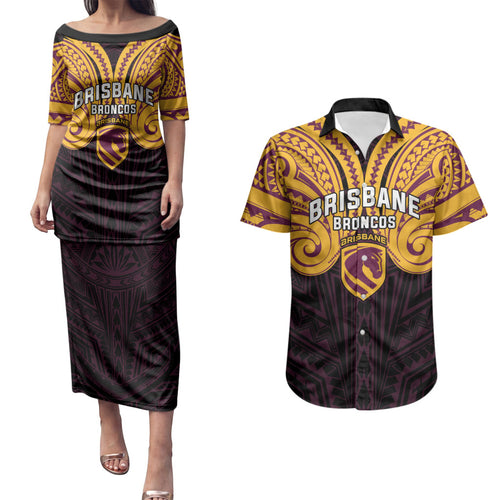 Custom Brisbane Broncos Couples Matching Puletasi and Hawaiian Shirt Horse Warrior Polynesia Islander Rugby Mascot
