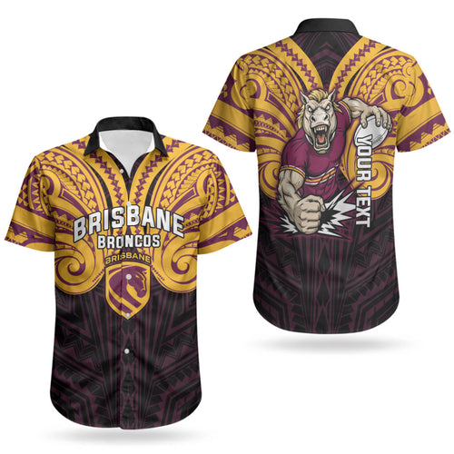 Custom Brisbane Broncos Couples Matching Puletasi and Hawaiian Shirt Horse Warrior Polynesia Islander Rugby Mascot