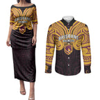 Custom Brisbane Broncos Couples Matching Puletasi and Long Sleeve Button Shirt Horse Warrior Polynesia Islander Rugby Mascot