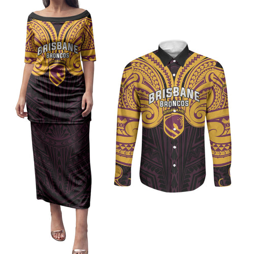 Custom Brisbane Broncos Couples Matching Puletasi and Long Sleeve Button Shirt Horse Warrior Polynesia Islander Rugby Mascot