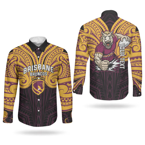 Custom Brisbane Broncos Couples Matching Puletasi and Long Sleeve Button Shirt Horse Warrior Polynesia Islander Rugby Mascot