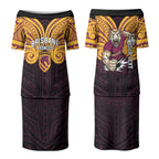 Custom Brisbane Broncos Couples Matching Puletasi and Long Sleeve Button Shirt Horse Warrior Polynesia Islander Rugby Mascot