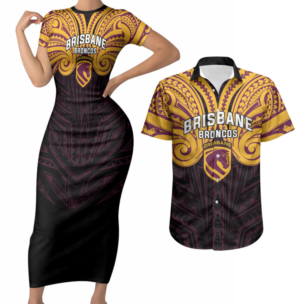 Custom Brisbane Broncos Couples Matching Short Sleeve Bodycon Dress and Hawaiian Shirt Horse Warrior Polynesia Islander Rugby Mascot