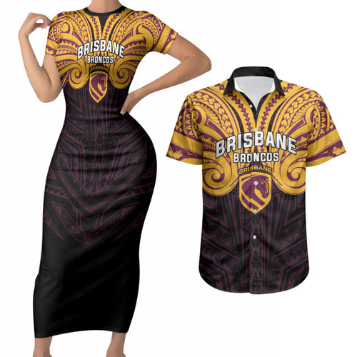 Custom Brisbane Broncos Couples Matching Short Sleeve Bodycon Dress and Hawaiian Shirt Horse Warrior Polynesia Islander Rugby Mascot
