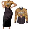 Custom Brisbane Broncos Couples Matching Short Sleeve Bodycon Dress and Long Sleeve Button Shirt Horse Warrior Polynesia Islander Rugby Mascot