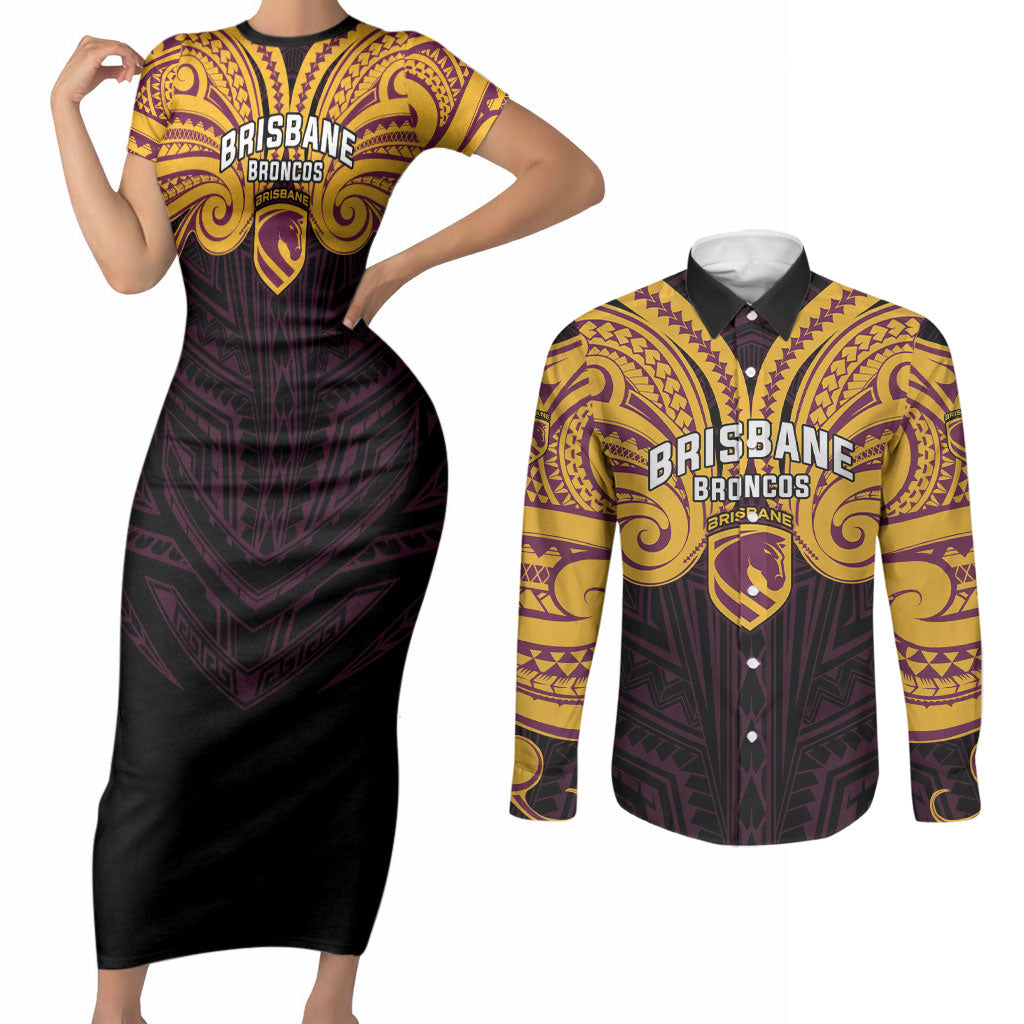 Custom Brisbane Broncos Couples Matching Short Sleeve Bodycon Dress and Long Sleeve Button Shirt Horse Warrior Polynesia Islander Rugby Mascot