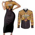 Custom Brisbane Broncos Couples Matching Short Sleeve Bodycon Dress and Long Sleeve Button Shirt Horse Warrior Polynesia Islander Rugby Mascot