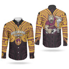Custom Brisbane Broncos Couples Matching Short Sleeve Bodycon Dress and Long Sleeve Button Shirt Horse Warrior Polynesia Islander Rugby Mascot
