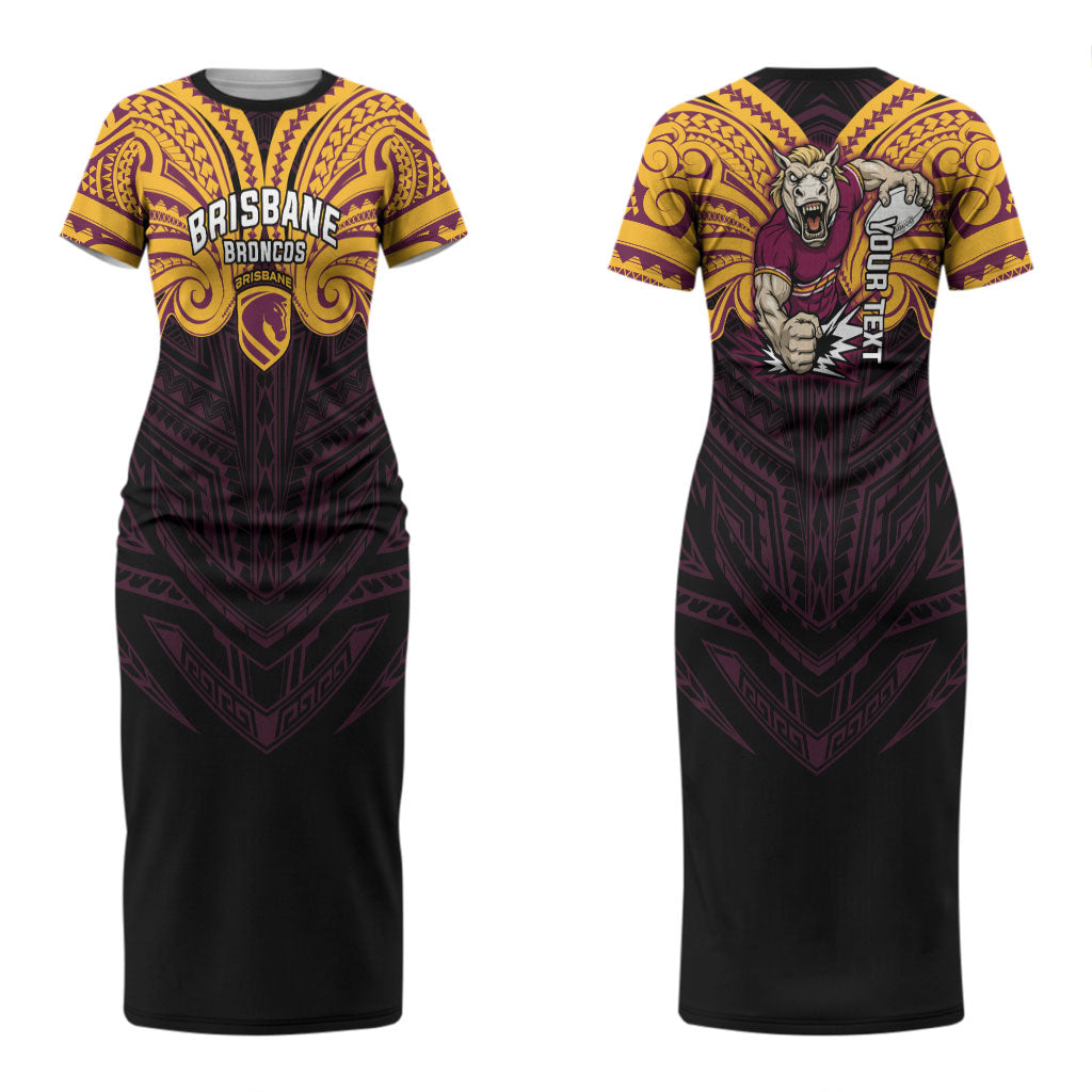 Custom Brisbane Broncos Couples Matching Short Sleeve Bodycon Dress and Long Sleeve Button Shirt Horse Warrior Polynesia Islander Rugby Mascot