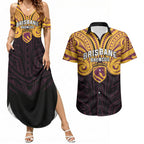 Custom Brisbane Broncos Couples Matching Summer Maxi Dress and Hawaiian Shirt Horse Warrior Polynesia Islander Rugby Mascot