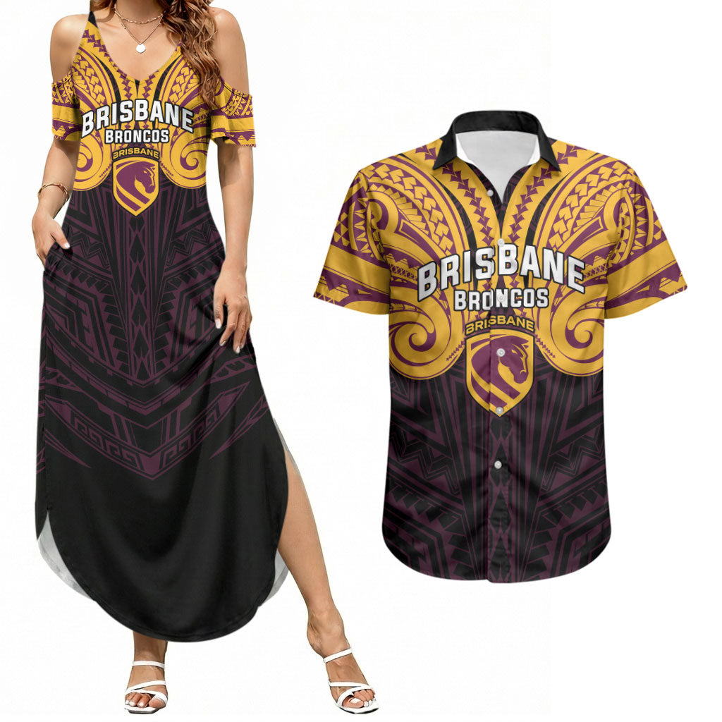 Custom Brisbane Broncos Couples Matching Summer Maxi Dress and Hawaiian Shirt Horse Warrior Polynesia Islander Rugby Mascot