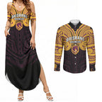 Custom Brisbane Broncos Couples Matching Summer Maxi Dress and Long Sleeve Button Shirt Horse Warrior Polynesia Islander Rugby Mascot