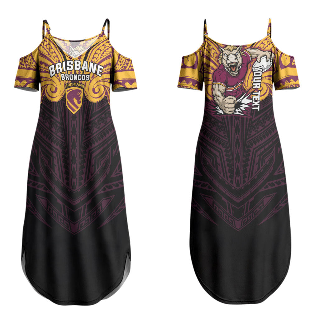 Custom Brisbane Broncos Couples Matching Summer Maxi Dress and Long Sleeve Button Shirt Horse Warrior Polynesia Islander Rugby Mascot
