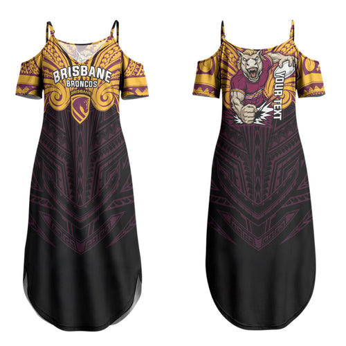 Custom Brisbane Broncos Couples Matching Summer Maxi Dress and Long Sleeve Button Shirt Horse Warrior Polynesia Islander Rugby Mascot