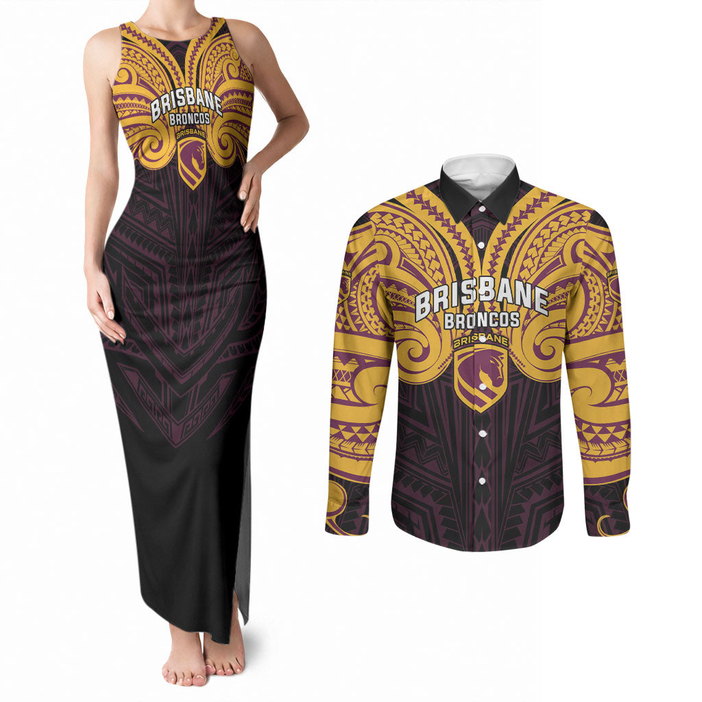 Custom Brisbane Broncos Couples Matching Tank Maxi Dress and Long Sleeve Button Shirt Horse Warrior Polynesia Islander Rugby Mascot