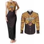 Custom Brisbane Broncos Couples Matching Tank Maxi Dress and Long Sleeve Button Shirt Horse Warrior Polynesia Islander Rugby Mascot