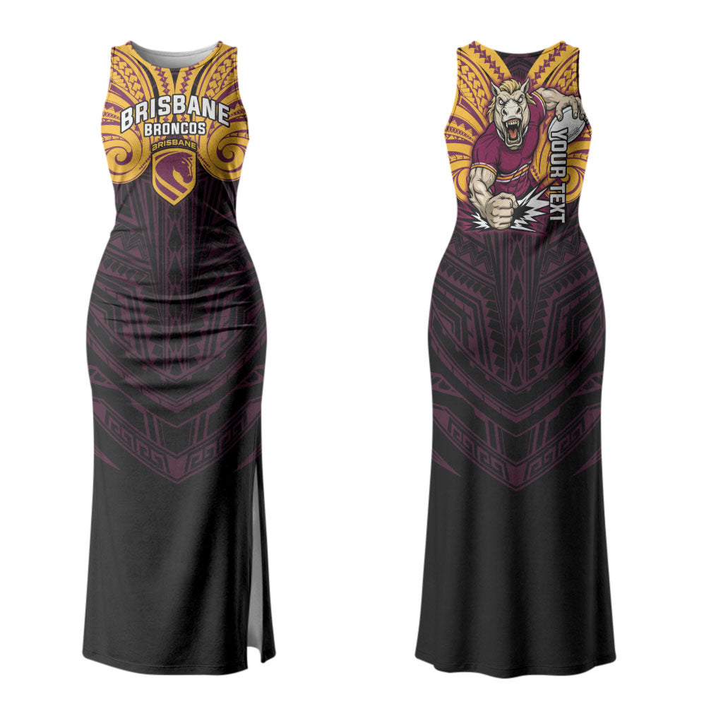 Custom Brisbane Broncos Couples Matching Tank Maxi Dress and Long Sleeve Button Shirt Horse Warrior Polynesia Islander Rugby Mascot