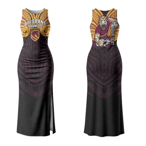 Custom Brisbane Broncos Couples Matching Tank Maxi Dress and Long Sleeve Button Shirt Horse Warrior Polynesia Islander Rugby Mascot